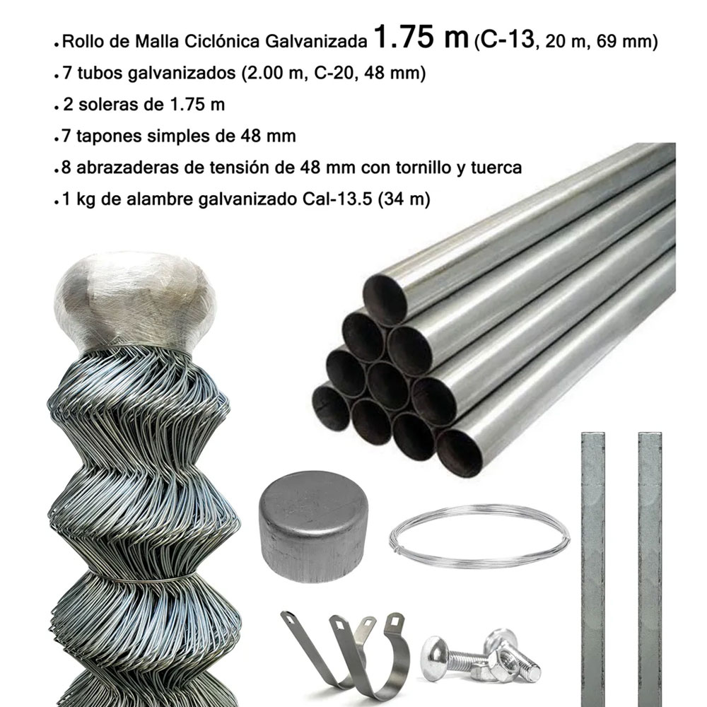 Paquete de Malla Ciclónica 1.75m con Tubos y Accesorios